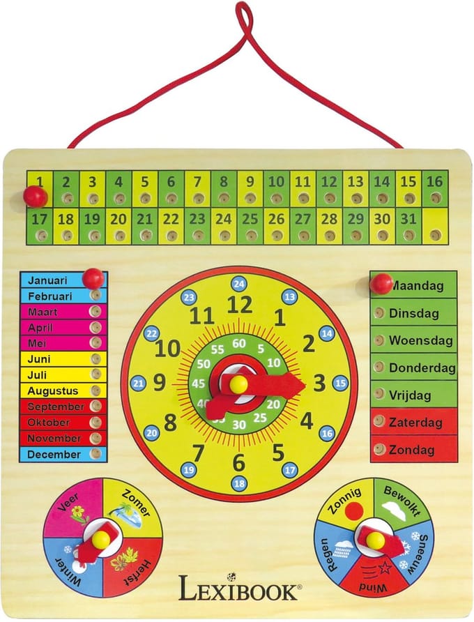 Bio speelgoed Houten kalender met klok in het Nederlands – Houten Speelgoed