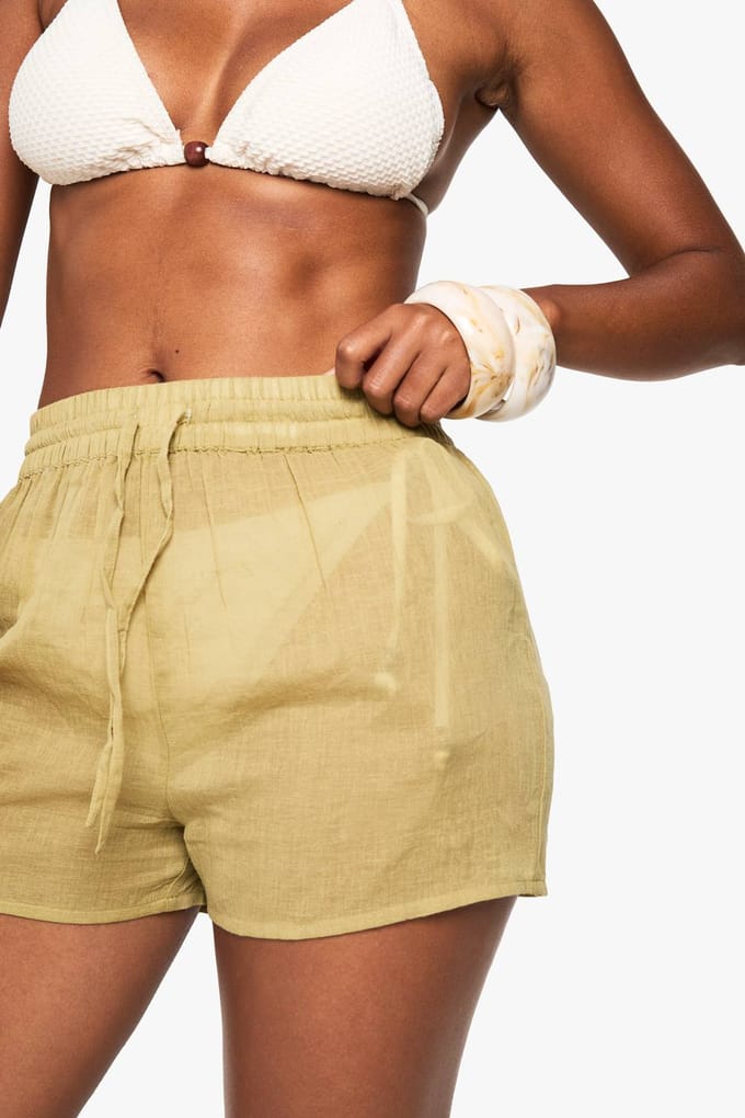boohoo Dames Cheesecloth Strandshorts | Kaki | Maat: Medium