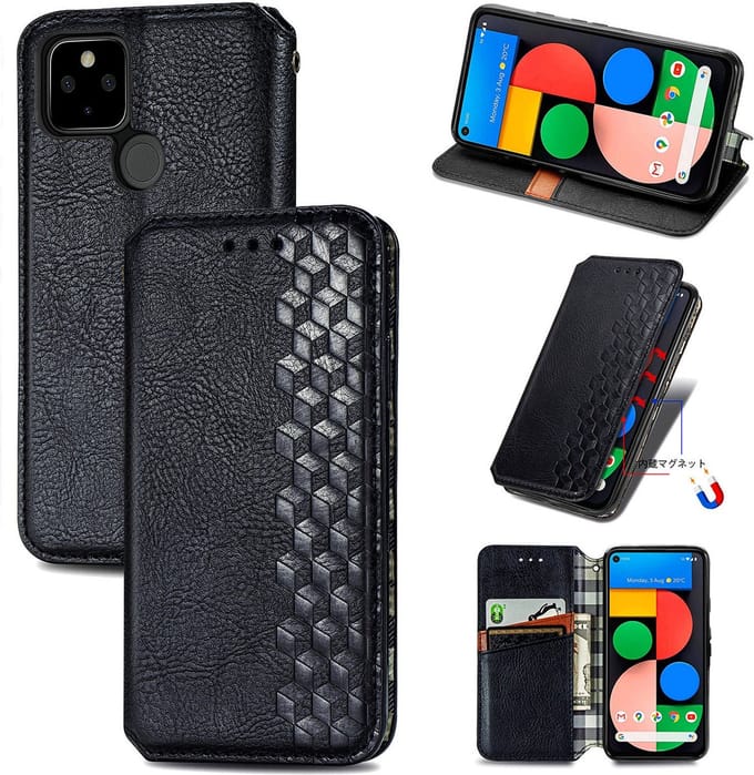 Luxe PU Lederen Ruitpatroon Wallet Case + Glas Screenprotector voor Google Pixel 5 _ Zwart