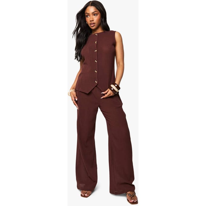 boohoo Dames Crinkle Textured Wide Leg Trousers | Chocolate | Maat: 6