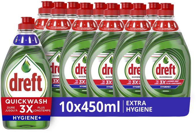 Dreft Quickwash Extra Hygiëne Vloeibaar Afwasmiddel - 10 x 450 ml