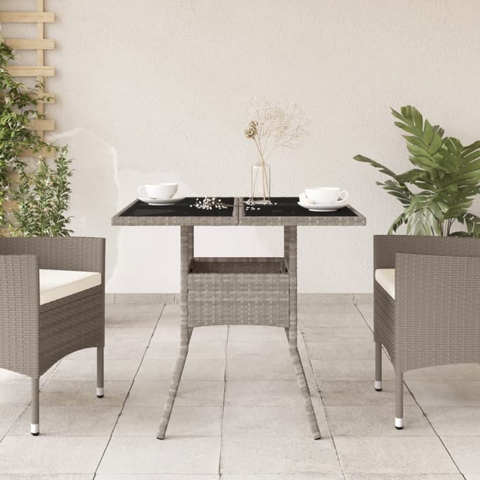vidaXL - Tuintafel - met - glazen - blad - 80x80x75 - cm - poly - rattan - lichtgrijs