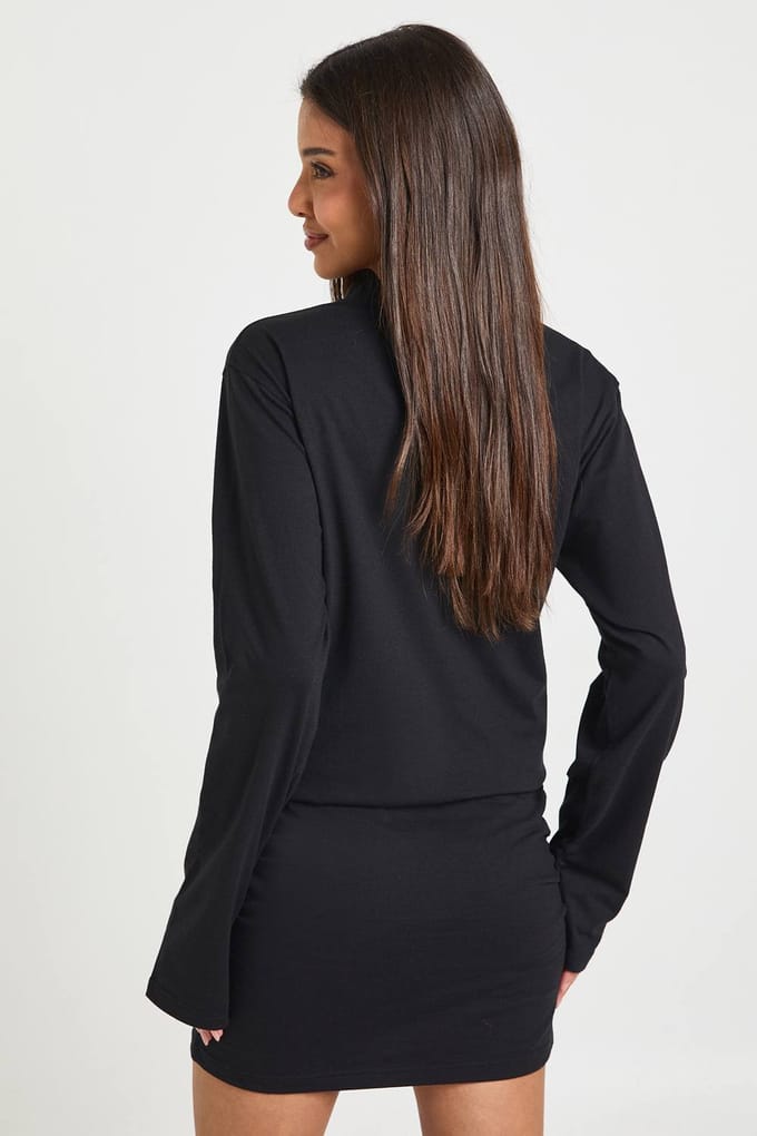boohoo Dames Gerimpelde Lange Mouw T-shirt Mini Jurk | Black | Maat: 8