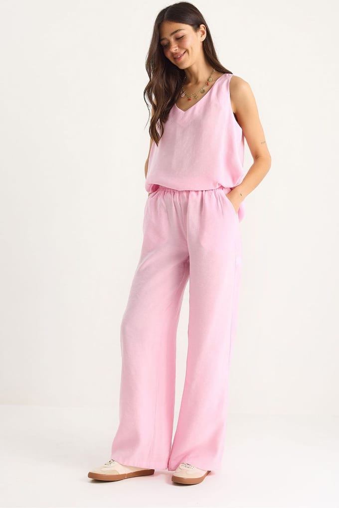 V-hals Katoenen Blouse-Broek Twee-Piece Set