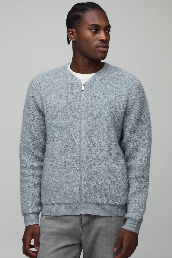 Bomberjack in normale pasvorm, gebreid met boucle | Grey | Size Medium