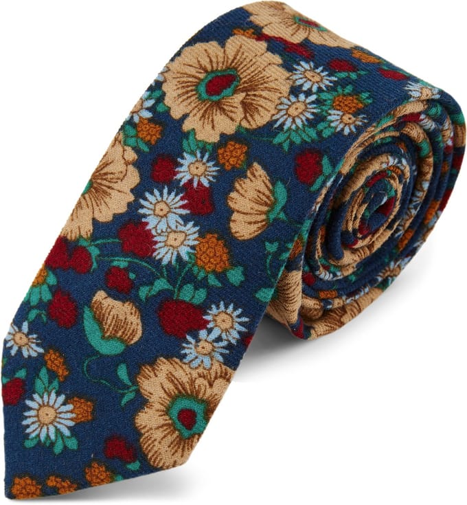 Retro Blauwe Stropdas met Bloemenmotief