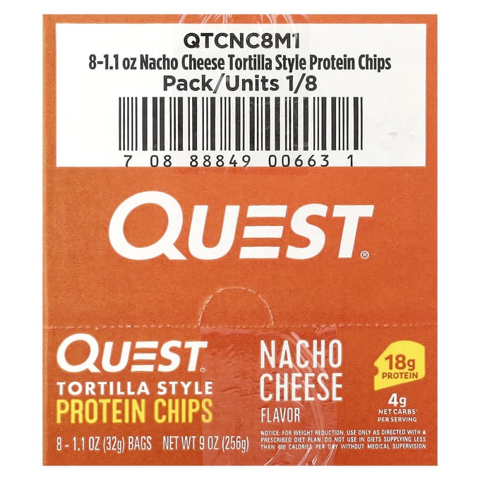 Quest Nutrition Protein Tortilla Chips (8x32g) Nacho Cheese - Functionele voeding - Eiwit Snacks