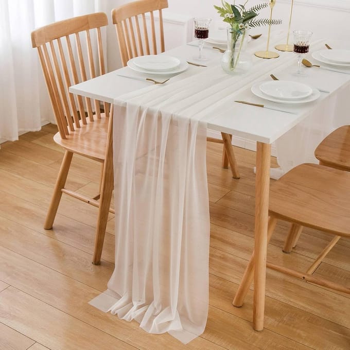 Tafelloper, beige, chiffon, tule, bruiloft, wasbare stof, 400 x 75 cm