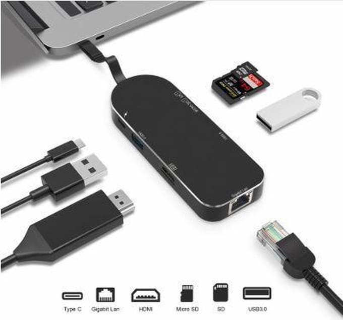 DrPhone 7 in 1 - Type C HUB – Thunderbolt 3 - 2x USB 3.0 – 4K HDMi – Micro SD / SD – Ethernet Gigabit – USB-C Female - voor o.a.  Macbook Pro
