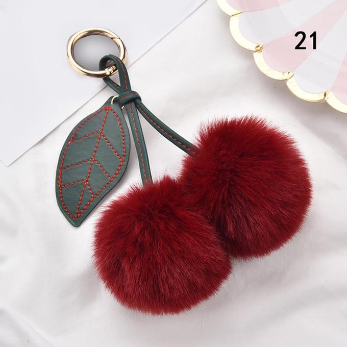1PC zachte pluche bal sleutelhanger namaakbont kersen auto pompom hanger sleutelhanger wijnrode kleur