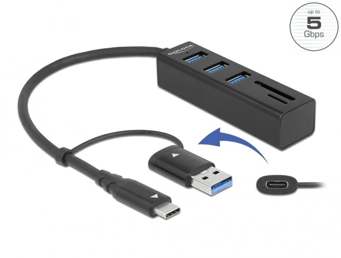 Delock 63859 63859 USB-hub 3 poorten USB-A, Micro-SD, SD USB 3.2 Gen1 5 GBit/s Met USB-C stekker Meerdere kleuren