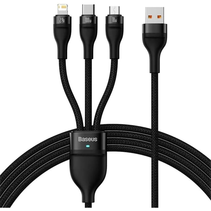 Baseus Flash Series 2 - 3-in-1 snellaadkabel - USB-A naar USB-C / Lightning / Micro-USB - 100 Watt - 1,2 meter - Zwart