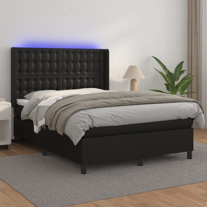vidaXL - Boxspring - met - matras - en - LED - kunstleer - zwart - 140x200 - cm