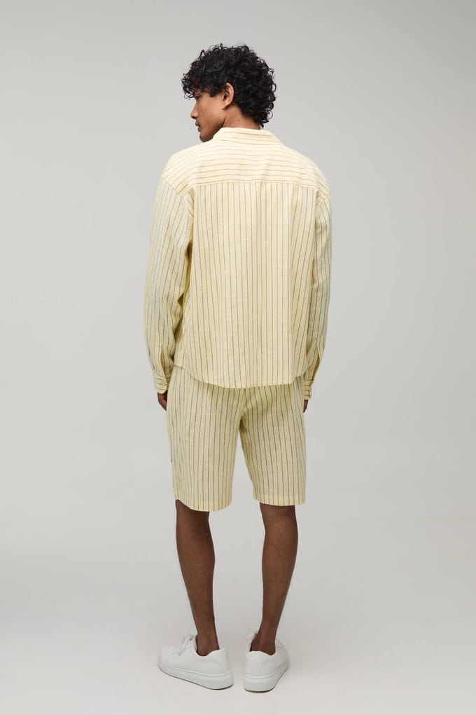 Gestreept Popeline Gebogen Zoom Geborduurd Oversized Shirt Met Lange Mouwen & Wijde Short Set | Yellow | Size Medium