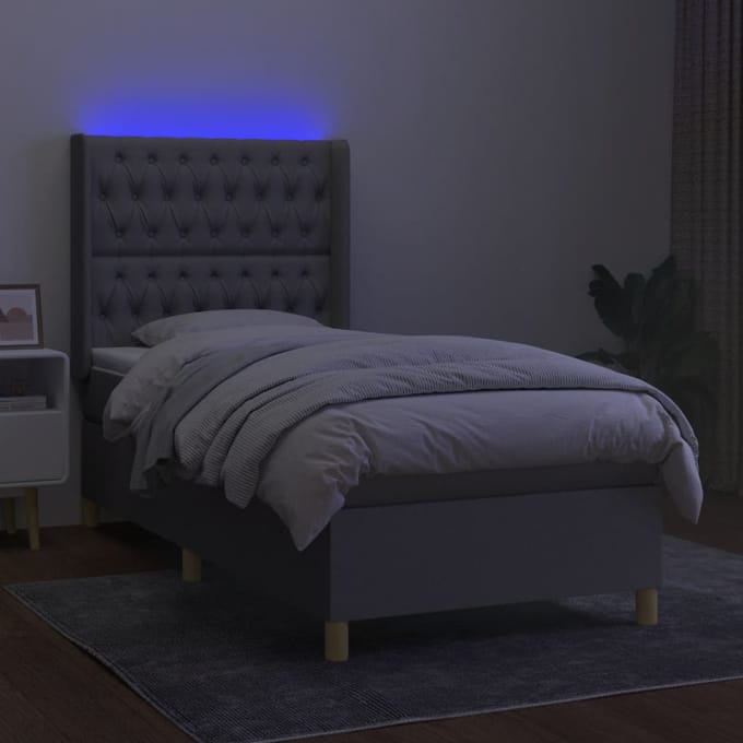 vidaXL - Boxspring - met - matras - en - LED - stof - lichtgrijs - 90x190 - cm