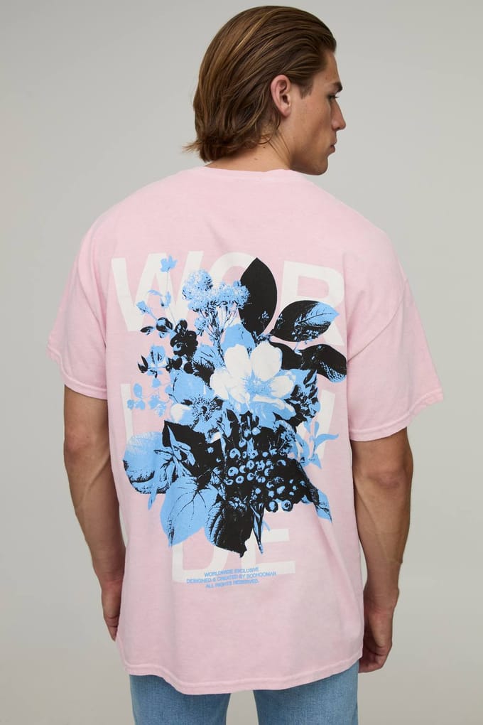 Gewassen Roze Oversized T-shirt Met Bloemenprint | Washed Pink | Size XS
