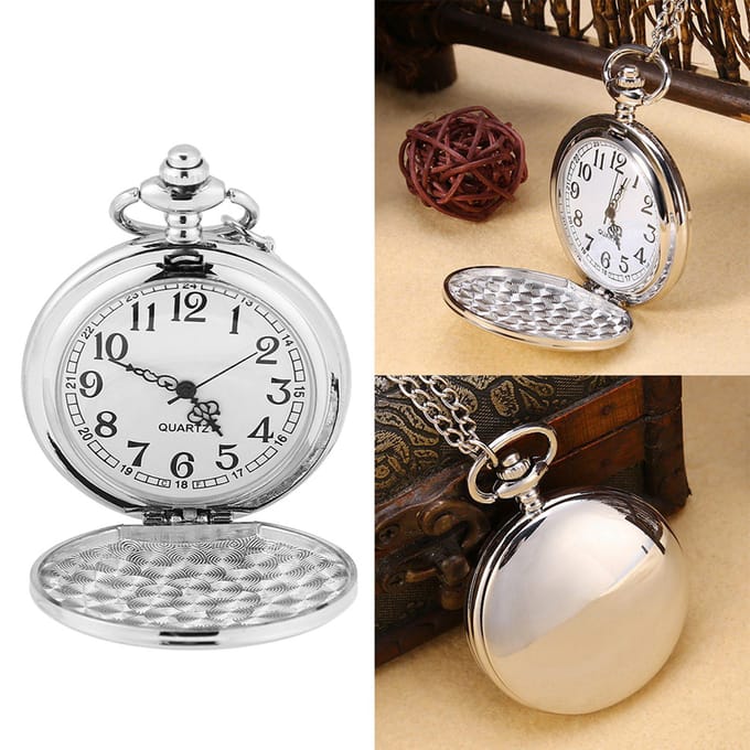 Klassiek Quartz Analoog Glad Zakhorloge Ketting Hanger met Ketting Zilver white
