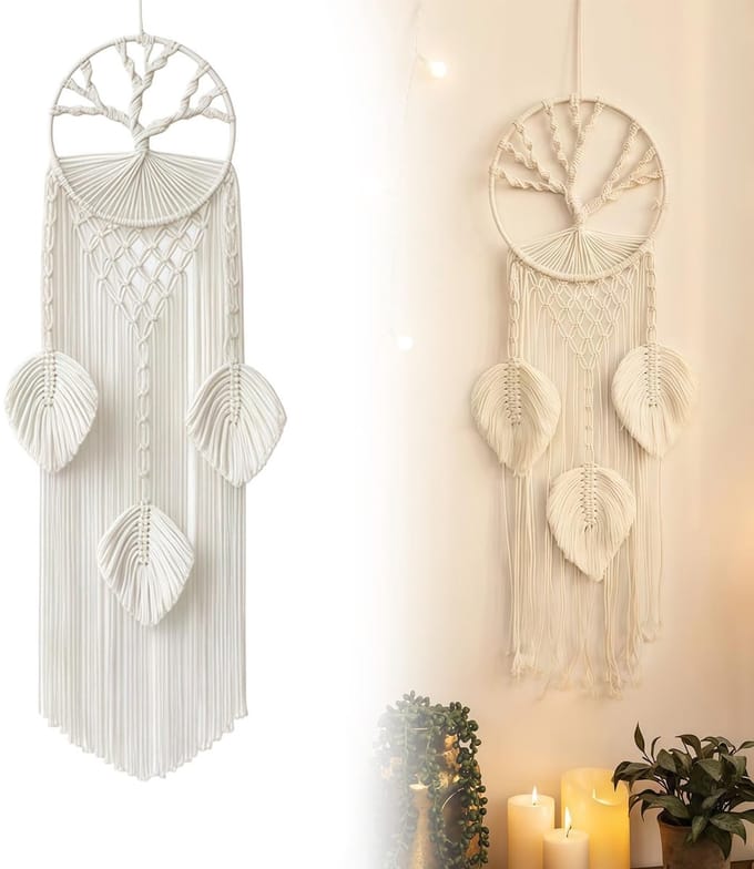 Dailygoods- Dromenvanger groot - Handgemaakt van katoen - Wanddecoratie boho - Levensboom - Beige - 20 x 80 cm