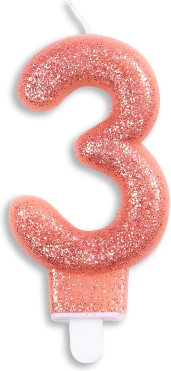 Cijfer kaars glitter rosé goud nr. 3