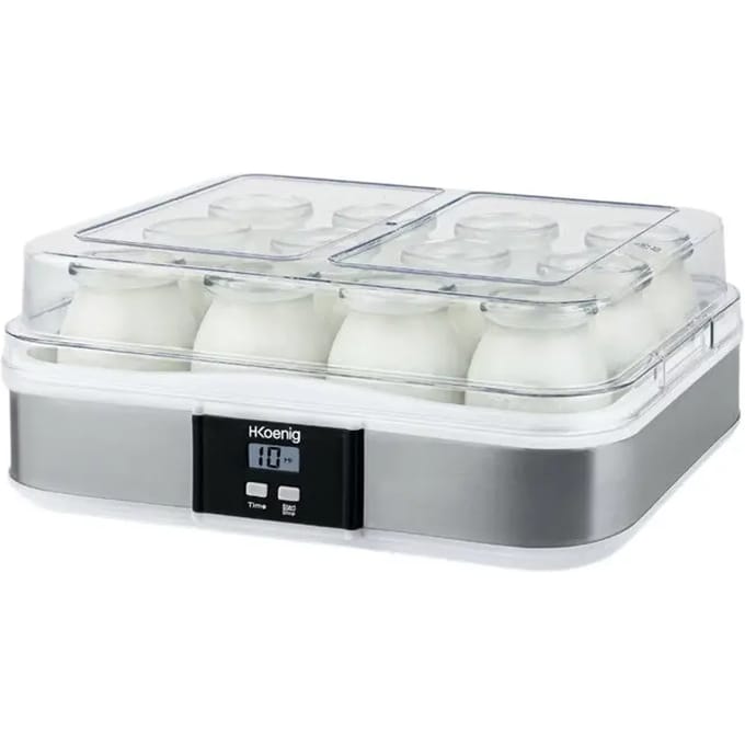 Yoghurtmaker HKOENIG - ELY120 - Capaciteit 12 glazen potjes van 160ml + 1 kwarkpot (1,2L) - Programmeerbaar tot 15.00 uur - 15W
