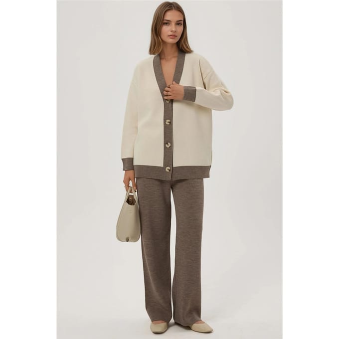 Geknoopte Cardigan & Textuur Hoog Midden Taille Gebreide Broek Co-Ord Set