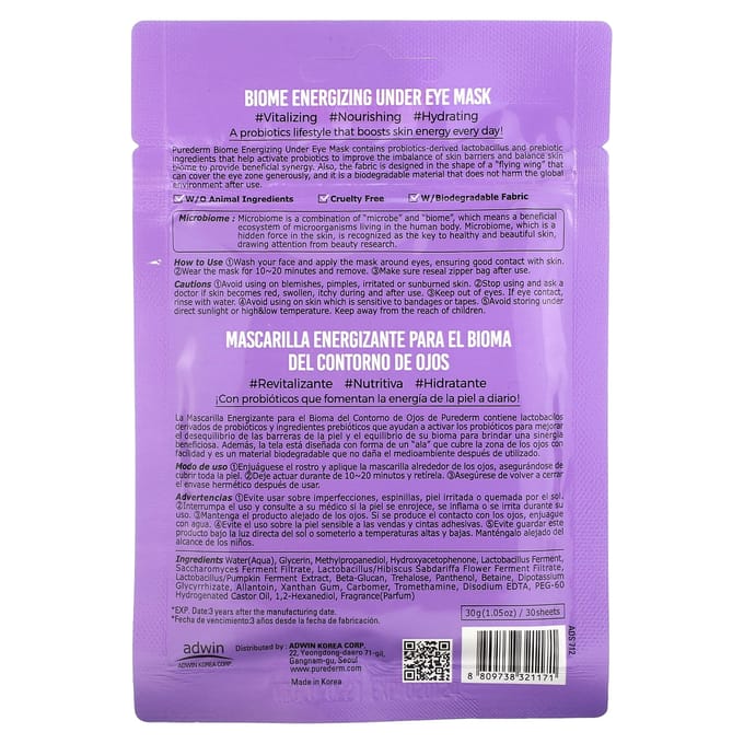 Purederm Masque Contour des Yeux Probiotique Biome Energizing 30 Pièces