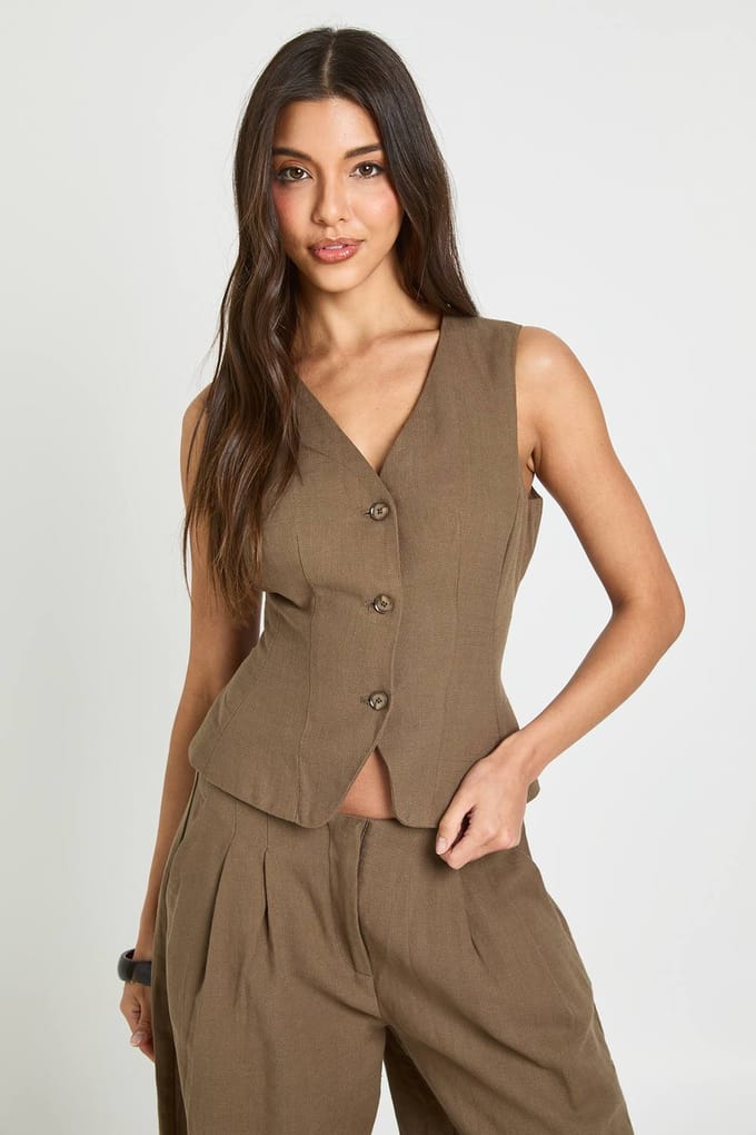 boohoo Dames Gilet Met Linnen Look | Brown | Maat: 8