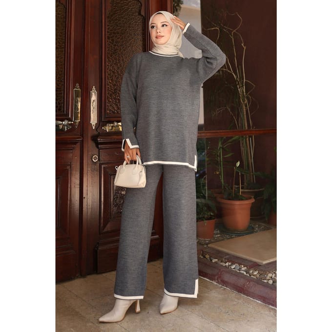 Split Detailed Gebreide kleding Pak Grijs