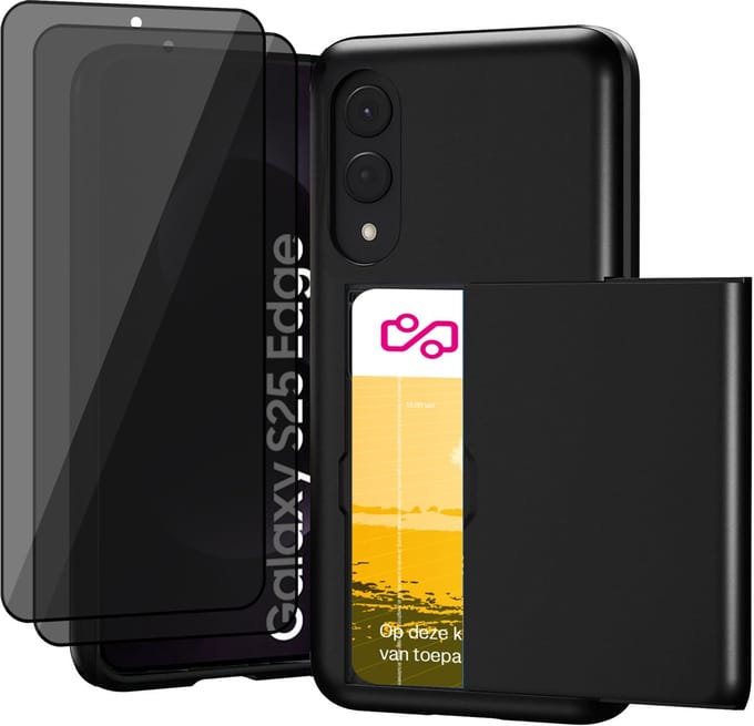 Hoesje met Pasjeshouder geschikt voor Samsung Galaxy S25 Edge - 2x Privacy Screen Protector FullGuard - Back Cover SlideCase Zwart & Screenprotector