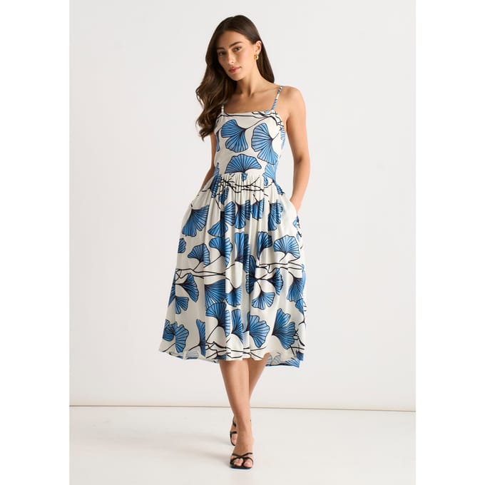 Blauwe cami-jurk met bloemenprint van linnenmix