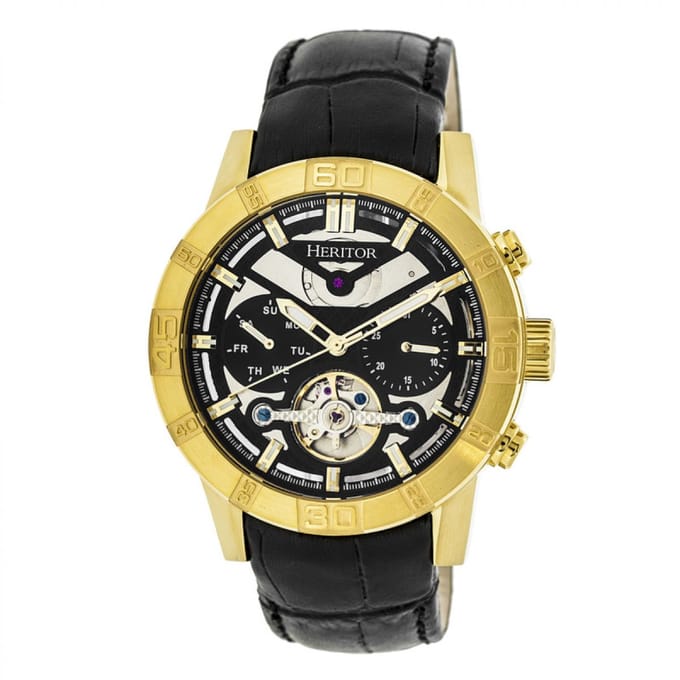 Heritor Automatic Hannibal Semi-Skelet Horloge met Leren Band - Goud/Zwart
