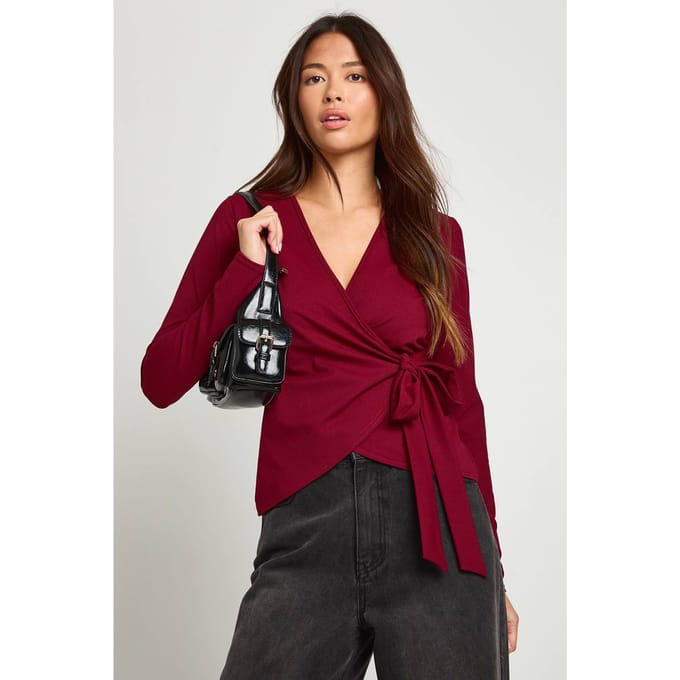 boohoo Dames Wikkel Voorzijde Strik Taille Top | Red | Maat: 8