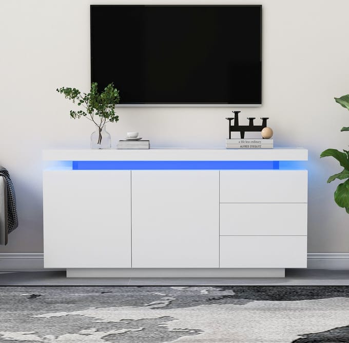 Sweiko Dressoir - TV kast - 2 deuren 3 laden - hoge glans - LED-lamp - Wit