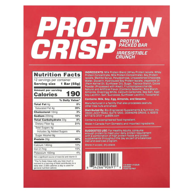 BSN, Protein Crisp, saveur Chocolate Crunch, 12 barres, 57 g (2,01 oz) chaque