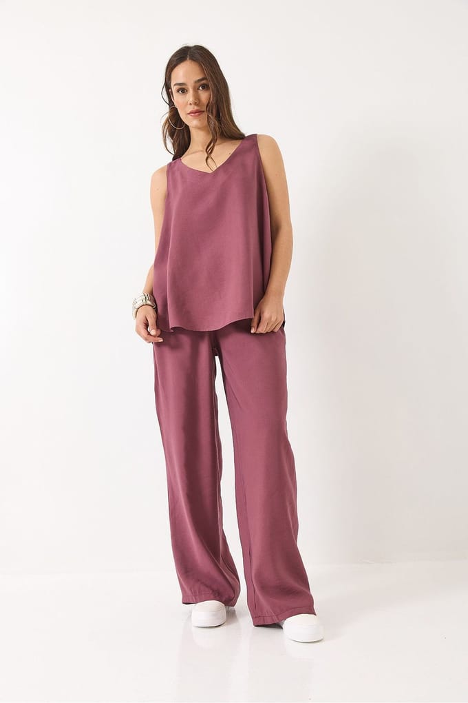 V-hals Katoenen Blouse-Broek Tweedelig Set