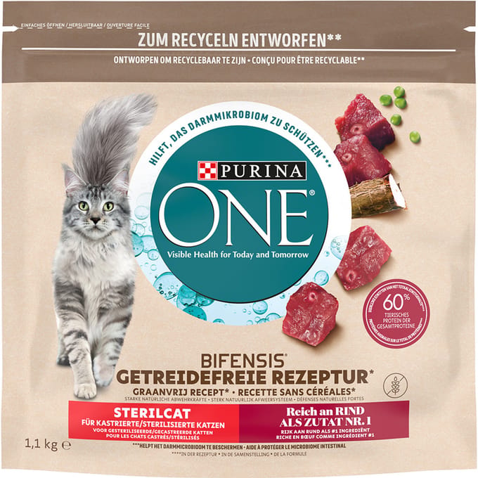 1,1kg Graanvrij Sterilcat met Rund Purina ONE Kattenvoer