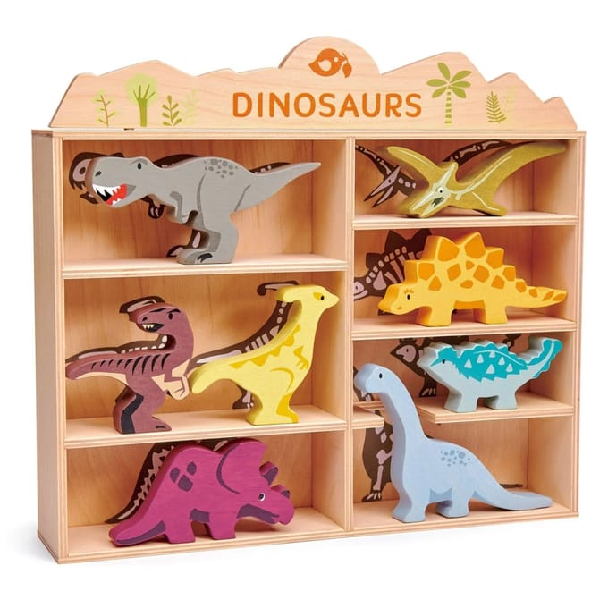 TENDER LEAF Houten Dieren - Set Dinos - 8 Verschillende Figuren - Met Display Plank - 3 Jaar