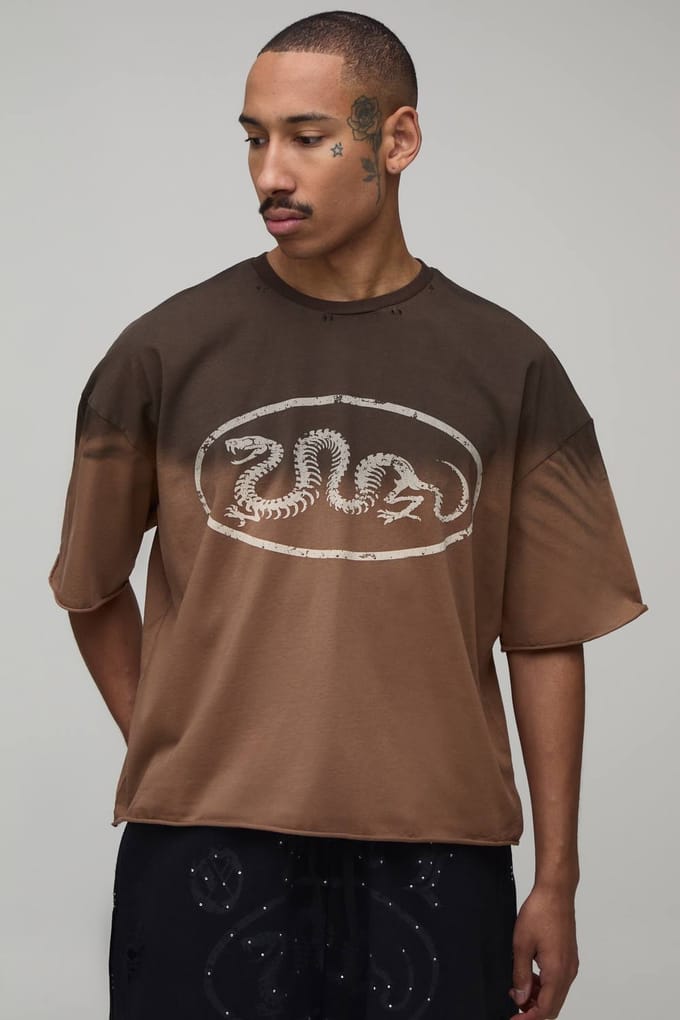 Oversized Boxy Heavyweight Washed Distressed Rhinestone T-Shirt | Brown | Size Large