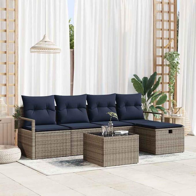 vidaXL - Bankstel - 6 - st - Grijs - en - Marineblauw - poly - rattan