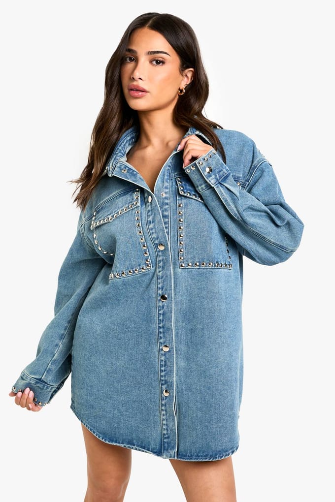 boohoo Dames Petite Stud Detail Denim Oversized Shirtjurk | Blue | Maat: 14