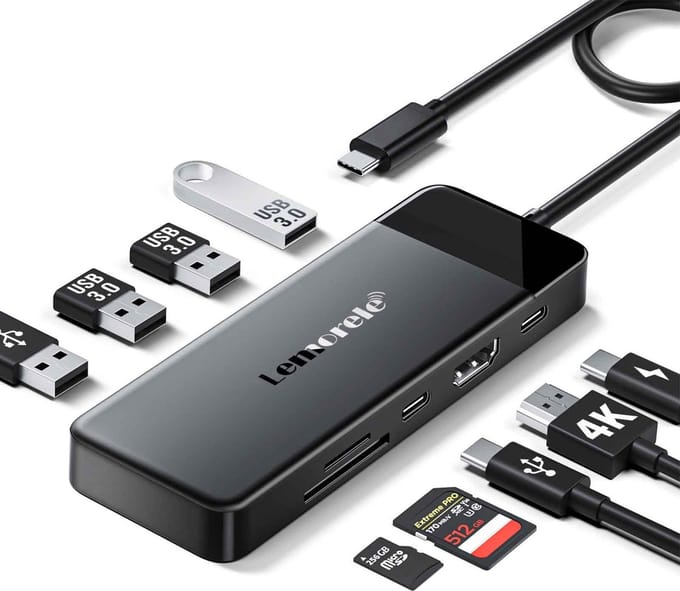 Lemorele TC92 – 9-in-1 USB-C Hub Multiport Adapter – 4K HDMI – 100W PD – 5Gbps USB 3.0 – SD/TF Kaartlezer