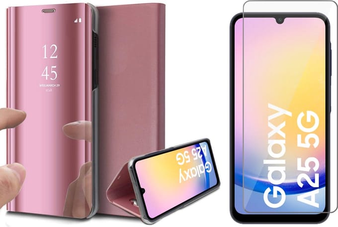 Hoesje geschikt voor Samsung Galaxy A25 / A24 - Screenprotector Glas - Spiegel Book Case Rosegoud