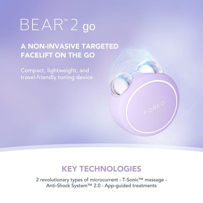 FOREO BEAR™ 2 go compact microcurrent apparaat met 6 intensiteiten en 2 microcurrent patronen, Lavender