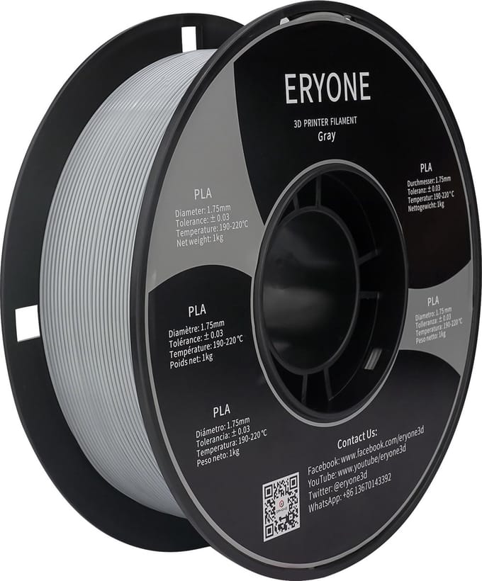 Eryone Standaard PLA Filament 1.75mm 1kg Voor 3D Printer en 3D Pen Grijs