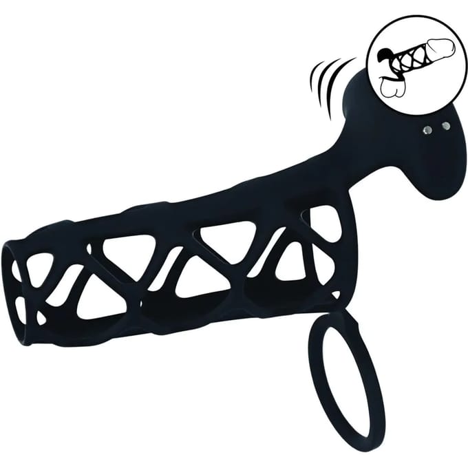 Vibrerende Kooi Silicone Penis Huls en Balring - Zwart