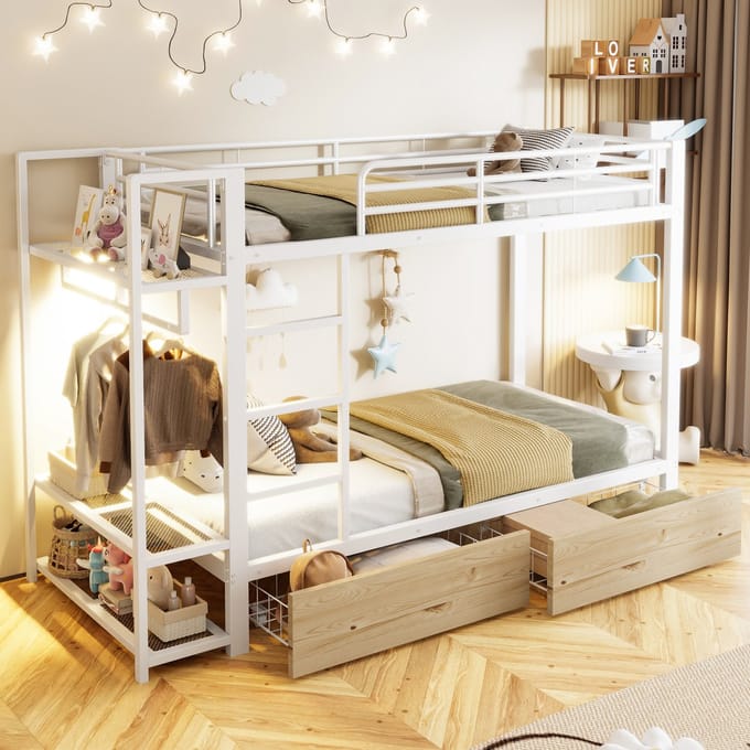MODFU – Stapelbed – 90x200 cm – LED & 2 Laden – Planken & Kledingstang – Metaal – Wit