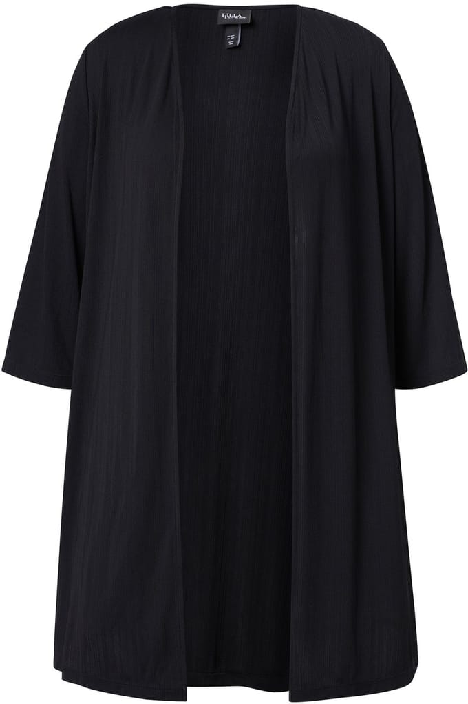 Ulla Popken - Dames - Lange jas ribjersey open model V-hals - Zwart - Maat 46+