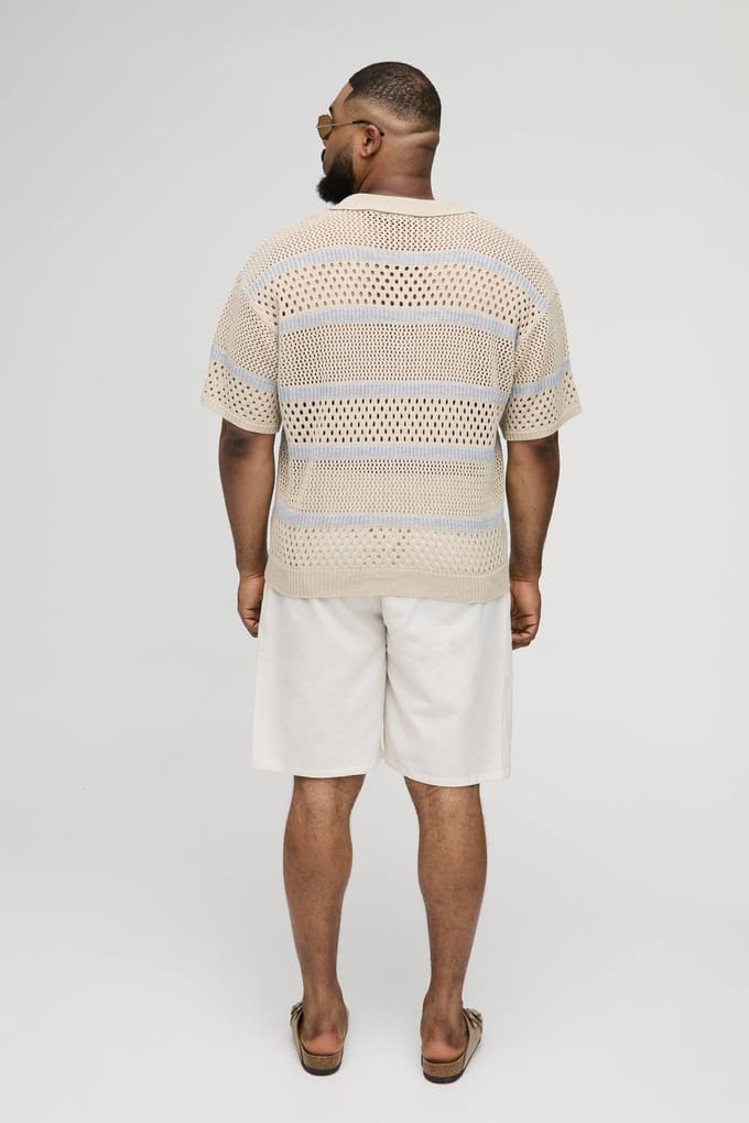 Plus Boxy Oversized Stripe Open Knit Polo T-Shirt | Stone | Size 2XL