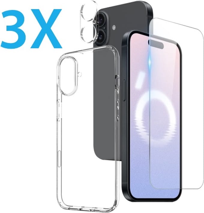 Back cover Silicone hoesje transparant met Screenprotector Glas 3x en Camera lens protector 3x Geschikt voor: iPhone 16