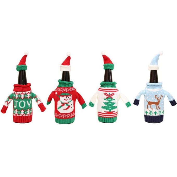 4 stuks Kerst Flessenhoes Handgemaakt Gebreid Cartoon Decoratieve Wijnfles Trui Hoes voor Feest Thuis white